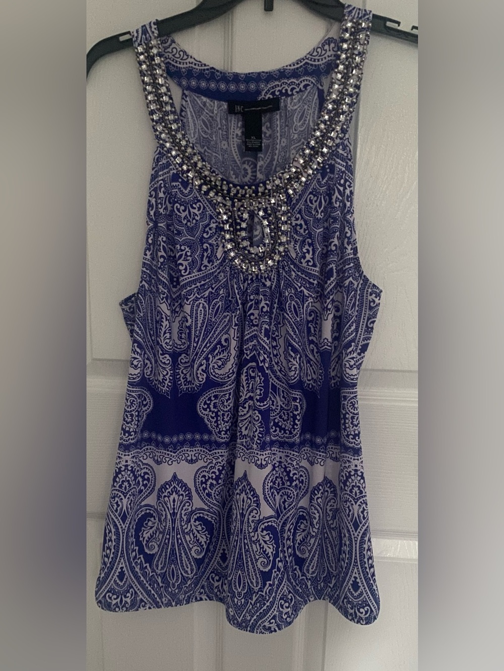 INC International Concepts Blue Paisley Jeweled Neck Tank
